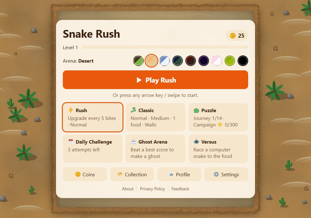 The Snake Rush home screen in the Desert arena, with the Play button and mode cards